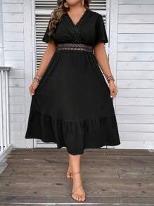SHEIN Franclia Đầm Plus Size Viên lá sen Tương phản ren Trọn gói màu trơn Giải trí - màu đen - Xem 7