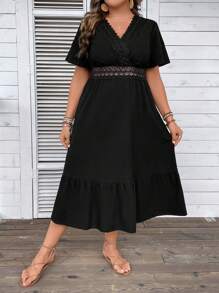 SHEIN Franclia Đầm Plus Size Viên lá sen Tương phản ren Trọn gói màu trơn Giải trí - màu đen - Xem 8