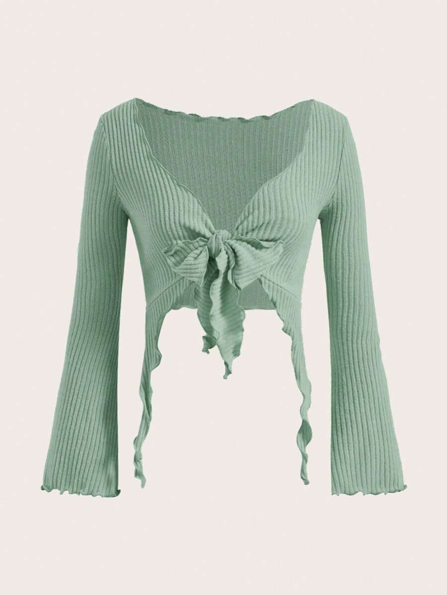SHEIN ICON 木耳邊喇叭袖前繫帶上衣 - 薄荷綠 - 查看 1