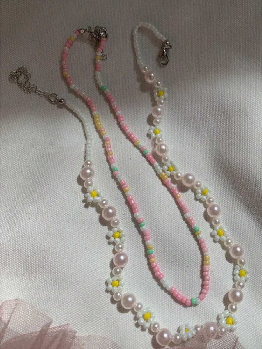 2 件度假风格仿珍珠色花朵项链，适合女士、约会礼物 - 彩色 - 查看 1