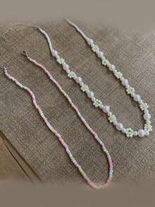 2 件度假风格仿珍珠色花朵项链，适合女士、约会礼物 - 彩色 - 查看 2