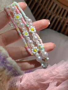 2 件度假风格仿珍珠色花朵项链，适合女士、约会礼物 - 彩色 - 查看 3