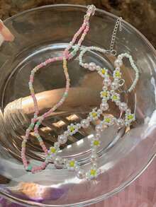 2 件度假风格仿珍珠色花朵项链，适合女士、约会礼物 - 彩色 - 查看 4