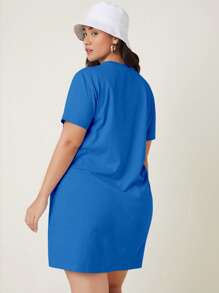 SHEIN BASICS 大码女式纯色简约圆领短袖连衣裙 - 寶藍色 - 查看 2
