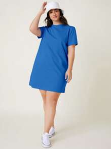 SHEIN BASICS 大码女式纯色简约圆领短袖连衣裙 - 寶藍色 - 查看 3