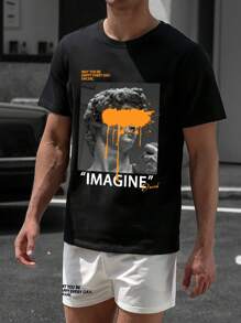 Manfinity Roghcode Men Slogan Graphic Tee & Drawstring Waist Shorts - Black and White - View 1