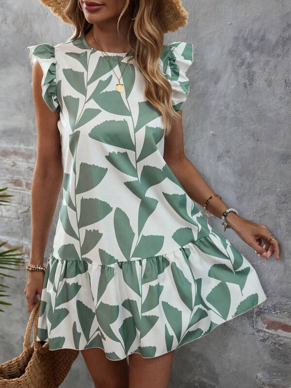 SHEIN LUNE Rochie smock cu volane cu imprimeu de frunze