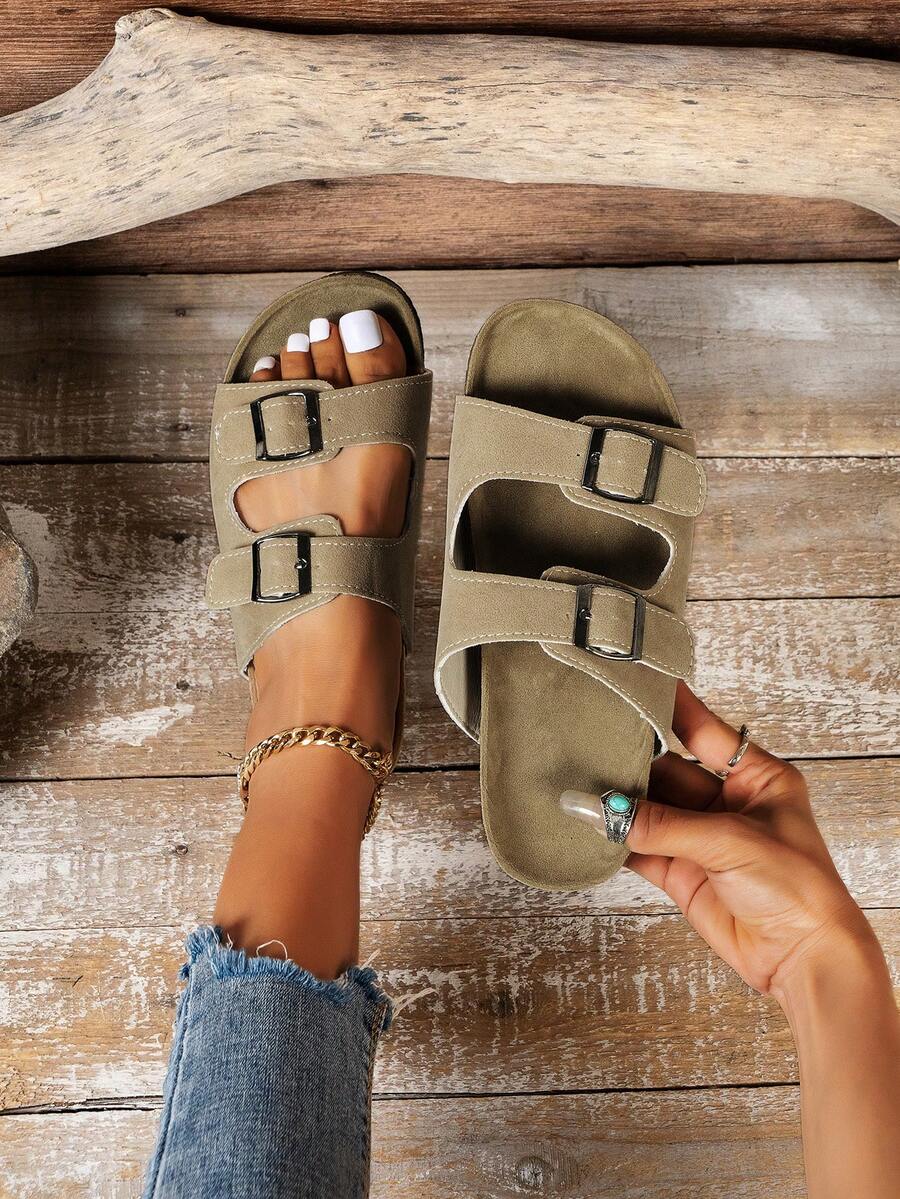 優雅包趾涼鞋適用於女士仿麂皮搭扣裝飾平底涼鞋 - 米色 - 查看 1