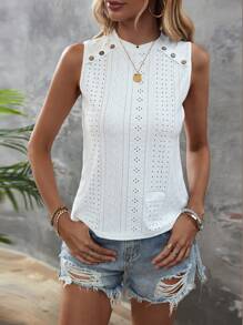SHEIN LUNE 網眼刺繡紐扣細節背心上衣 - 白色 - 查看 3