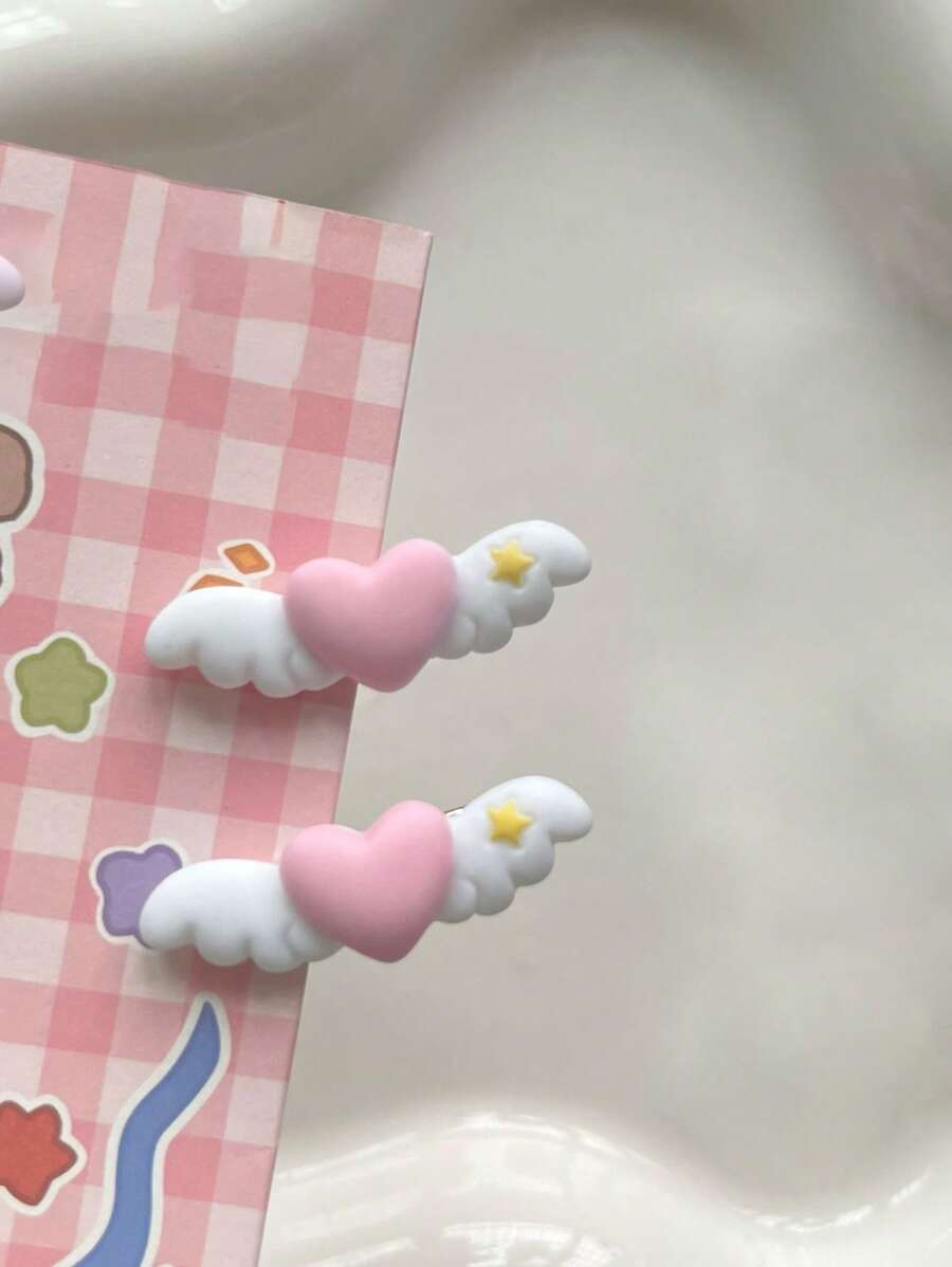 2入組女士心和翅膀裝飾可愛鴨嘴夾適用於頭髮裝飾用品 - 彩色 - 查看 1