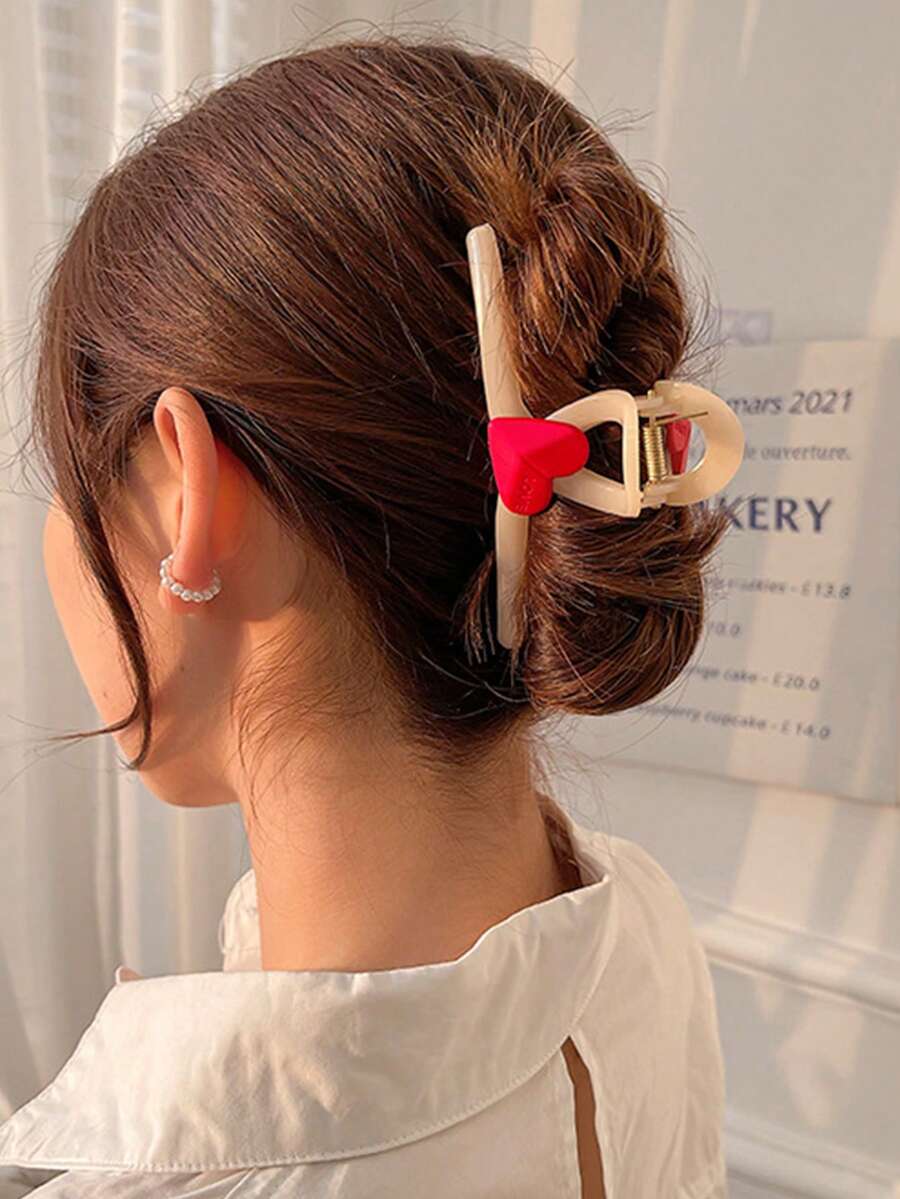 1入組女士字母細節愛心裝飾可愛髮爪適用於頭髮裝飾用品 - 紅色 - 查看 1