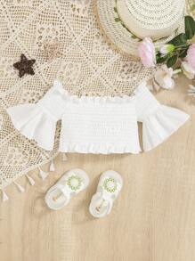SHEIN Baby Girl Ruffle Trim Flounce Sleeve Smocked Crop Top - White - View 1