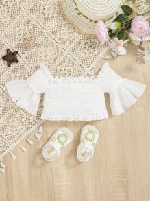 SHEIN Baby Girl Ruffle Trim Flounce Sleeve Smocked Crop Top - White - View 2