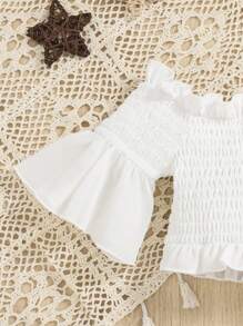 SHEIN Baby Girl Ruffle Trim Flounce Sleeve Smocked Crop Top - White - View 4