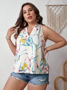 SHEIN Clasi Plus Floral Print Notched Neckline Tank Top
