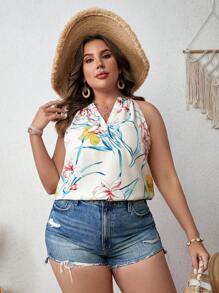 SHEIN Clasi Plus Floral Print Notched Neckline Tank Top