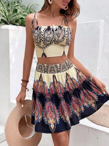 SHEIN VCAY Graphic Print Cami Top & Ruffle Hem Skirt - Multicolor - View 2