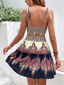 SHEIN VCAY Graphic Print Cami Top & Ruffle Hem Skirt - Multicolor - View 3