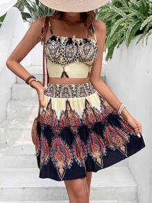 SHEIN VCAY Graphic Print Cami Top & Ruffle Hem Skirt - Multicolor - View 4