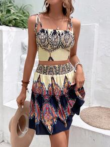 SHEIN VCAY Graphic Print Cami Top & Ruffle Hem Skirt - Multicolor - View 5