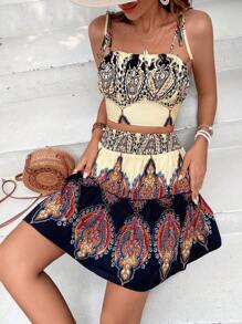 SHEIN VCAY Graphic Print Cami Top & Ruffle Hem Skirt - Multicolor - View 6