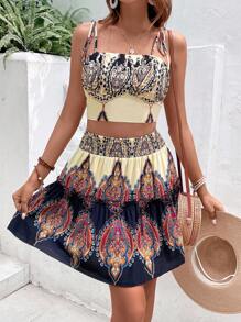 SHEIN VCAY Graphic Print Cami Top & Ruffle Hem Skirt - Multicolor - View 1