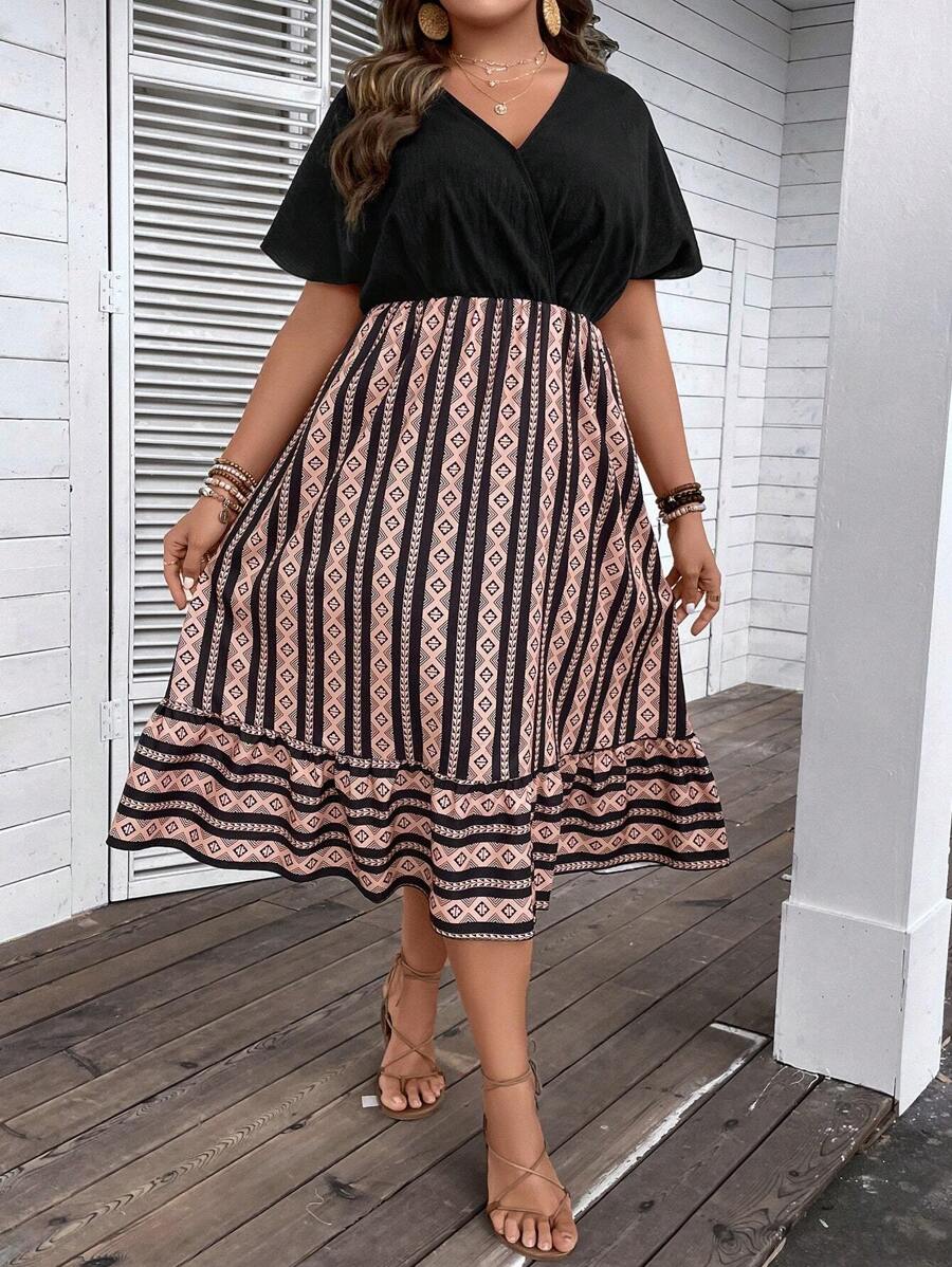 SHEIN LUNE Đầm Plus Size Viên lá sen Trọn gói Hình học Bộ lạc Boho - Nhiều màu - Xem 1