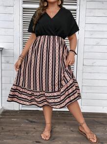 SHEIN LUNE Đầm Plus Size Viên lá sen Trọn gói Hình học Bộ lạc Boho - Nhiều màu - Xem 3