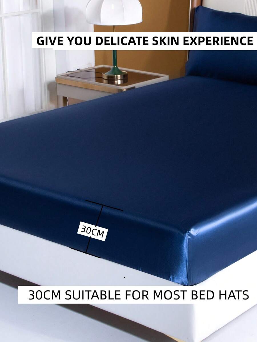 4入组/套素色緞面床單套裝不附帶1入組床墊套和1入組床單和2入組極簡風格織物床單套裝適用於 - 藏蓝色 - 查看 1