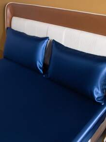 4入组/套素色緞面床單套裝不附帶1入組床墊套和1入組床單和2入組極簡風格織物床單套裝適用於 - 藏蓝色 - 查看 9