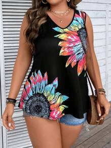 SHEIN LUNE Plus Sunflower Print Tank Top - Black - View 1