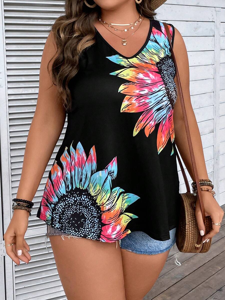 SHEIN LUNE Plus Sunflower Print Tank Top - Black - View 1