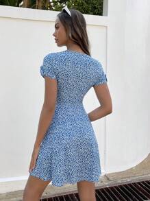 SHEIN EZwear Ditsy Floral Print V Neck Dress - Blue and White - View 4
