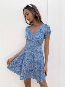 SHEIN EZwear Ditsy Floral Print V Neck Dress - Blue and White - View 6