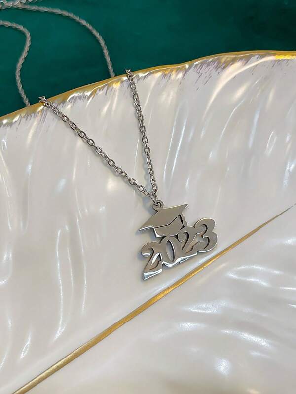 1pc Stainless Steel Graduation Season Pendant Necklace With 2023 Number, Couple Gift Clavicle Chain Short Sweater Chain