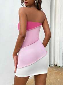SHEIN EZwear 撞色頂針抹胸緊身洋裝 - 粉色 - 查看 4