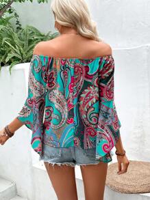 Breezaya 佩斯利印花一字肩喇叭袖襯衫 - 彩色 - 查看 2