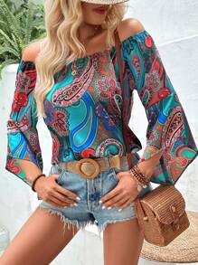 Breezaya 佩斯利印花一字肩喇叭袖襯衫 - 彩色 - 查看 4