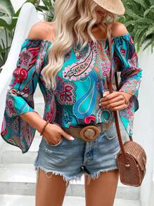 Breezaya 佩斯利印花一字肩喇叭袖襯衫 - 彩色 - 查看 5