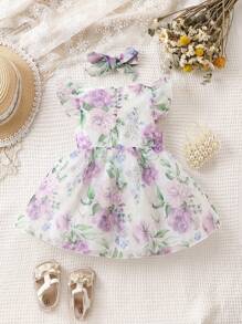 Baby Floral Print Ruffle Trim Dress - Multicolor - View 2