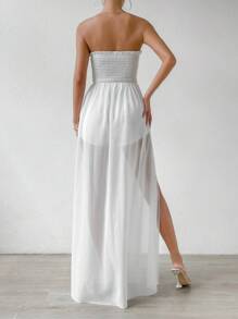 Rafferiza Áo liền quần nữ viền lá sen Tách cao Dải chun màu trơn Gợi cảm - trắng - Xem 2