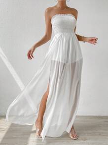 Rafferiza Áo liền quần nữ viền lá sen Tách cao Dải chun màu trơn Gợi cảm - trắng - Xem 3