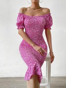 Breezaya Ditsy Floral Print Puff Sleeve Ruffle Hem Bodycon Dress Maxi Vacation Beach Outfits Women - Purple - View 3