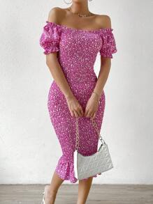 Breezaya Ditsy Floral Print Puff Sleeve Ruffle Hem Bodycon Dress Maxi Vacation Beach Outfits Women - Purple - View 4