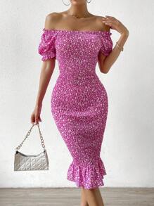 Breezaya Ditsy Floral Print Puff Sleeve Ruffle Hem Bodycon Dress Maxi Vacation Beach Outfits Women - Purple - View 6