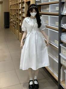 Vestido camisero con bordado de cuello exagerado con cordón - Blanco - Ver 1