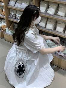 Vestido camisero con bordado de cuello exagerado con cordón - Blanco - Ver 3