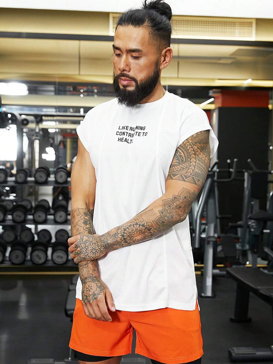 Manfinity Sport Corelite Men Slogan Graphic Top-Stitching Sports Tee Workout Tops - White - View 1