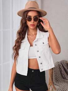 SHEIN Essnce Flap Pocket Button Front Vest Denim Jacket - White - View 3