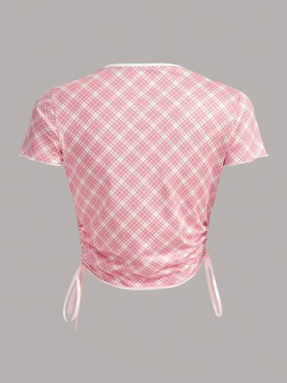 Plaid Print Drawstring Side Tee
